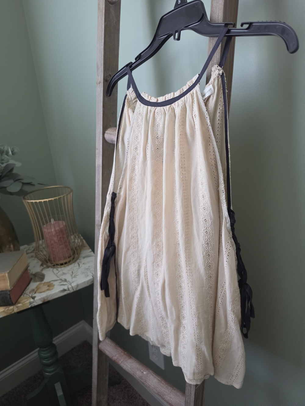 Eyelet Halter Camisole in Cream with Black Trim